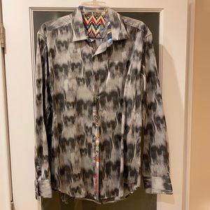 Robert Graham size large gray tones with colorful cuffs.